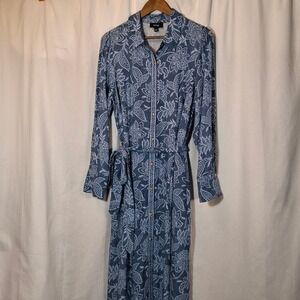 MSK Womens Blue Floral Maxi Shirt Dress Long Sleeve Button Front Waist Tie L